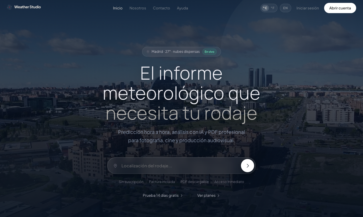 Pantalla de inicio de Weather Studio con buscador de localización y clima en vivo