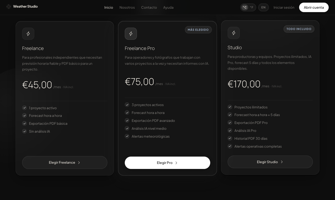 Planes de Weather Studio: Freelance, Freelance Pro y Studio con precios