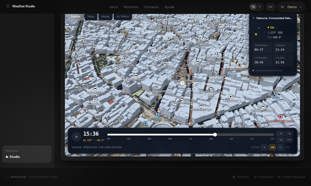 Mapa 3D de la localización con simulador de sol y sombras por hora